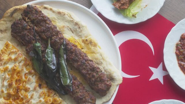 Close-up of Adana kebab menu on the Turkish flag