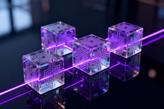 Glass cubes with purple light patterns