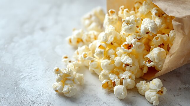 Popcorn overflow in a brown paper bag cinematic snack, crisp texture, neutral background. Food photography capturing warm tones and simple design.