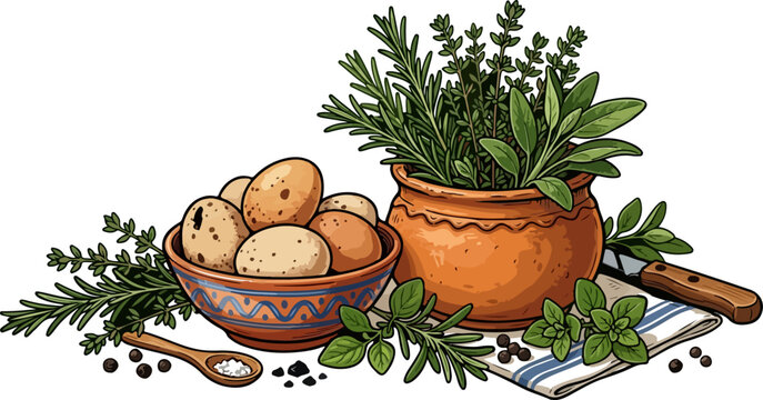 Rustic Egg & Herbs Vector