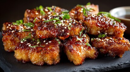 Fototapeta premium Delicious Crispy Fried Chicken Bites with Sesame Seeds and Green Onions