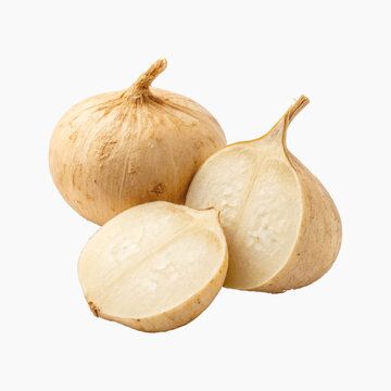 A high-quality studio shot featuring a whole raw jicama root alongside two halves, showcasing the crisp white interior and light brown skin. Perfect for culinary, healthy eating, and grocery-themed di