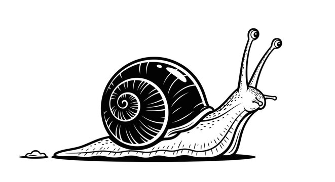 Black and white line art illustration of a crawling snail