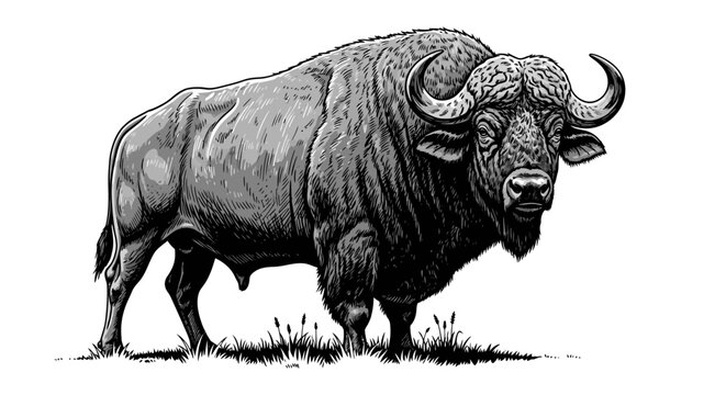 African buffalo bull illustration in hand drawn engraving style