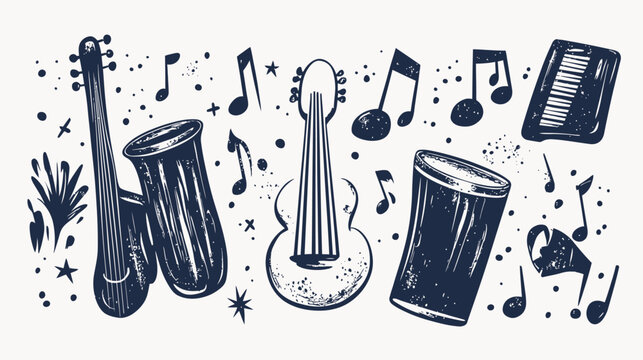 A dark blue illustration features various musical instruments with floating musical notes and stars