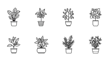 Obraz premium Collection of Potted Plants: A set of eight minimalist line art illustrations depicts various potted plants, showcasing diverse leaf shapes and pot designs for home decor or botanical concepts.
