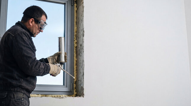 Installer using gun to apply polyurethane foam on window frame during home renovation. Man professional worker insulating construction indoor. Efficiency and thermal protection gap sealing.