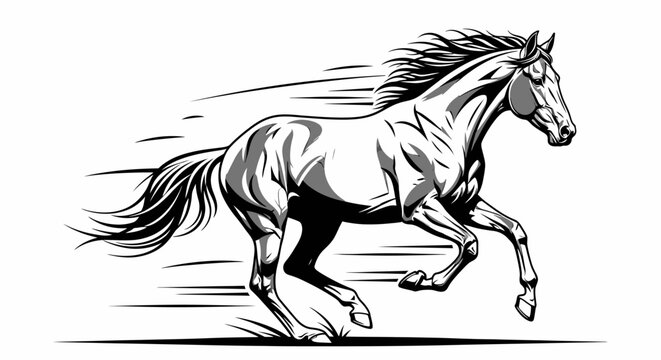 Black and white horse running fast on white background