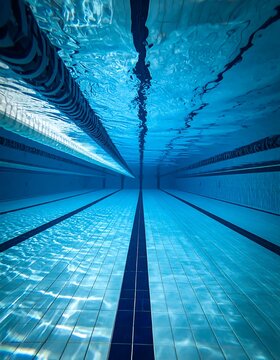 An underwater view showcasing a competition swimming pool. The turquoise water reflects the ceiling's lines creating a unique perspective