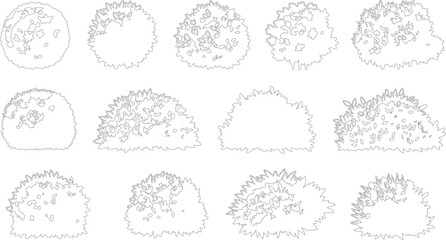 Minimalist landscape architecture symbols, collection of 13 line art bushes and shrubs, architectural plan view vegetation icons for site mapping © M