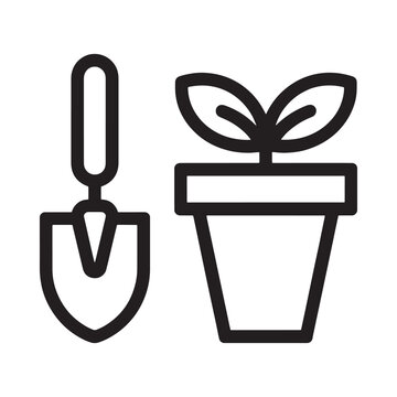 gardening icon with trowel and potted plant black line art
