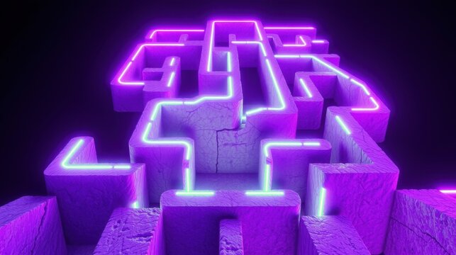 Purple neon lines form complex maze atop stone blocks. Dramatic lighting creates futuristic, abstract sculpture. Minimalist design, dark background.