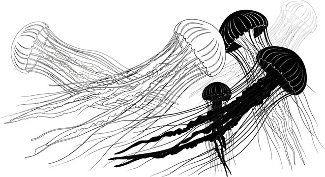 Black and white jellyfish illustration on a white background