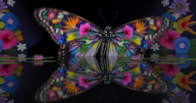 Colorful butterfly with floral wing pattern reflected black surface conveying serene beauty and delicate elegance Vibrant butterfly with mirrored wings adorned with tropical flowers and colorful
