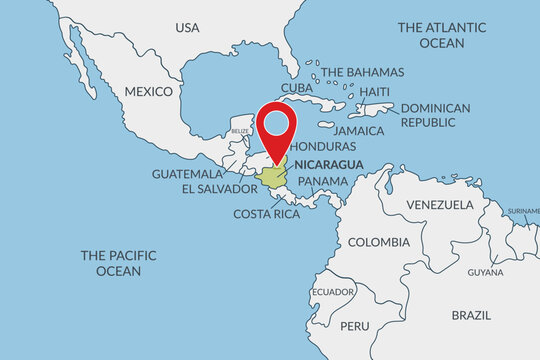 Nicaragua location on the political map of America with pin location marker. Vector flat template.