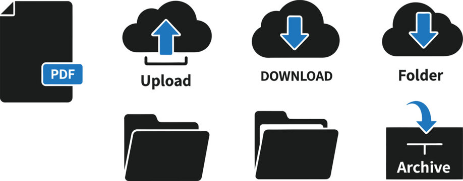 File management icons upload download folders and archive