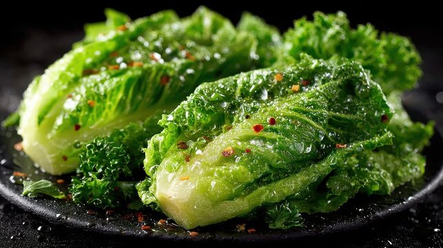 Fresh Romaine Lettuce Hearts with Chili Flakes and Water Droplets