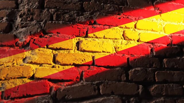 Spanish Flag Colors Painted on Textured Brick Wall Background.