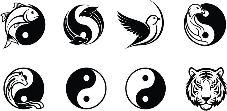 Yin Yang animal icons set, black and white spiritual balance symbols, 8 vector elements featuring tiger, fish, bird, and wolf for tattoo design