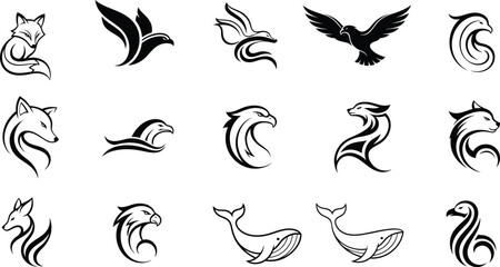 Obraz premium Animal Logos, Wildlife Icons, Black and White Vector Graphics, 15 Animal Symbols