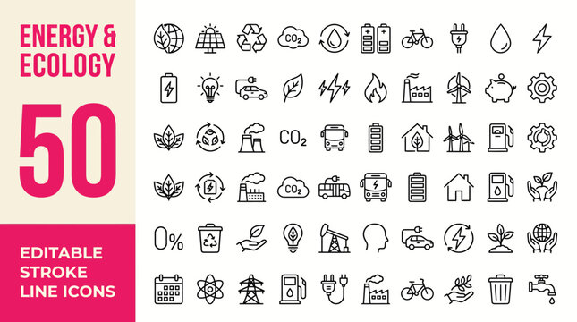 Energy and Ecology icon set. Editable line icons. Vector illustration.