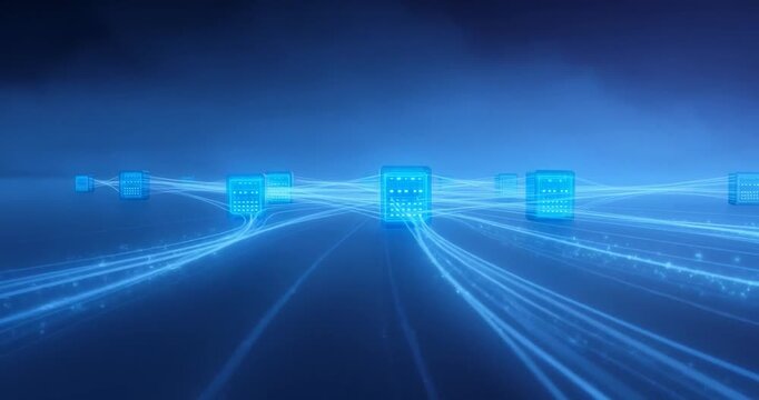 Glowing blue server rack network data center fiber optic digital connection cloud infrastructure with illuminated server nodes floating misty horizon conveying secure high speed transfer and modern