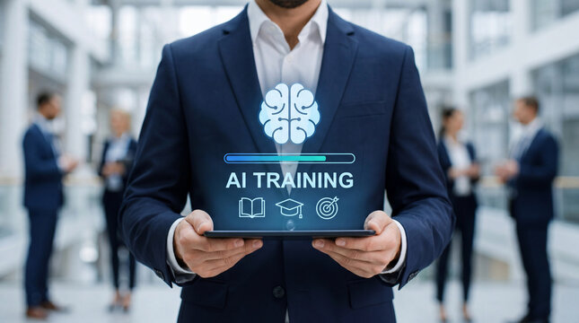 Businessman holding tablet with AI training hologram interface in modern office