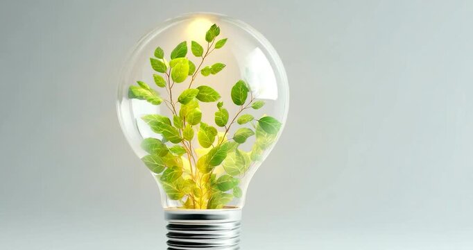 Green plant inside clear glass light bulb glowing with soft light, young plant leaf growth symbolizing sustainable energy eco friendly innovation and green nature inspiring hope and creativity