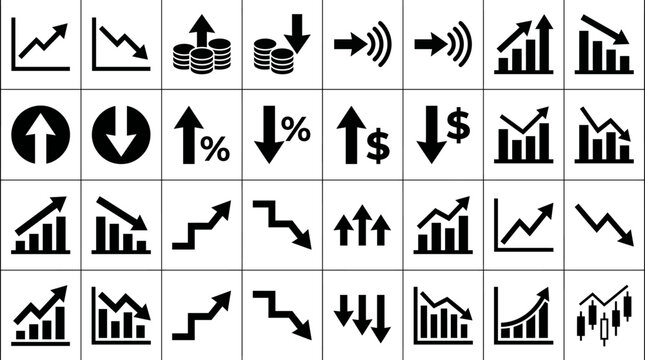 Financial growth and decline bar and line chart icons with line graph, increase