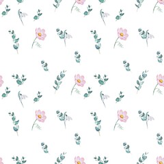 Fototapeta premium Pink cosmos and eucalyptus delicate seamless pattern on white background
