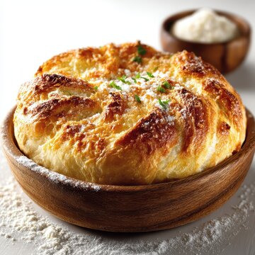 Golden Garlic Bread Loaf with Parmesan and Herbs in Wooden Bowl