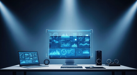 Fototapeta premium High tech computer setup with illuminated screens and dramatic lighting effects