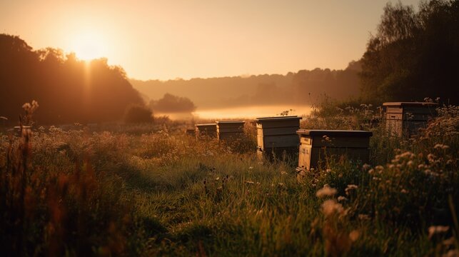 Sunrise over traditional wooden beehives in a wildflower meadow with morning mist and warm amber light casting long shadows organic honey production and rural apiary landscape