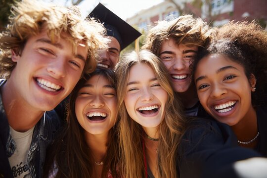 Group of happy diverse teenage friends taking a selfie at graduation ceremony celebrating success and friendship on a sunny day outdoors higher education and lifestyle concept