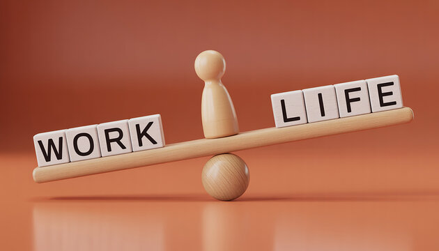 Work life balance concept. Wooden cube block with word LIFE and WORK on seesaw.