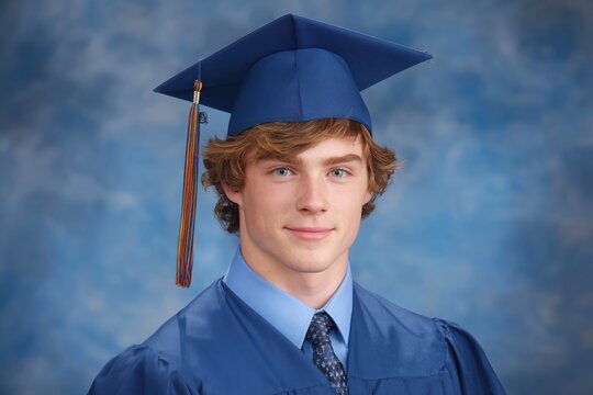 Portrait of smiling young male graduate in blue academic cap and gown over blue background graduation ceremony and higher education concept