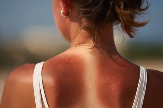 Close up of woman's back with painful red sunburn and tan lines from swimsuit environmental protection and skin health concept