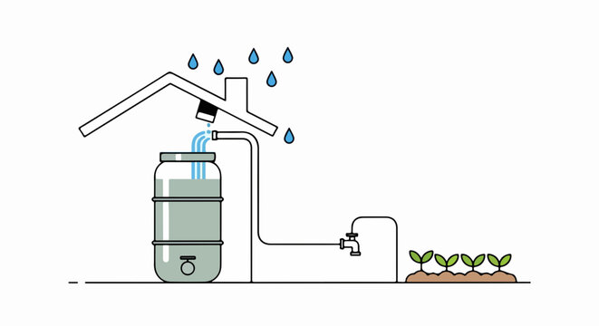 Rainwater harvesting system diagram with storage tank and irrigation for garden. Water conservation setup using roof collection and pipe distribution.