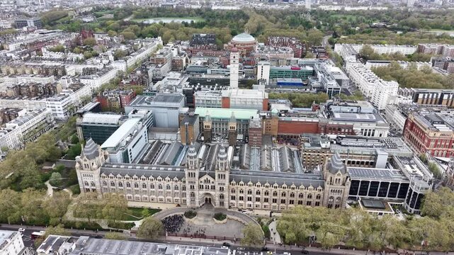 Natural History Museum Kensington London UK descending drone aerial view