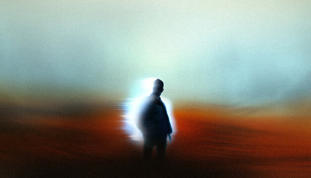 Standing silhouette with bright blue halo in orange blurred landscape with rough grain texture. Concept of resilience, personal breakthrough, recovery, hope, uncertainty and inner strength.