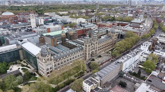 Crowds queuing outside Natural History Museum London drone aerial view
