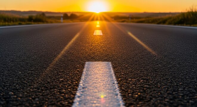 Asphalt road stretching toward infinity at sunset. Empty highway leading into horizon with golden sun rays. Concept of travel, future, freedom, goal, new beginning and journey ahead.