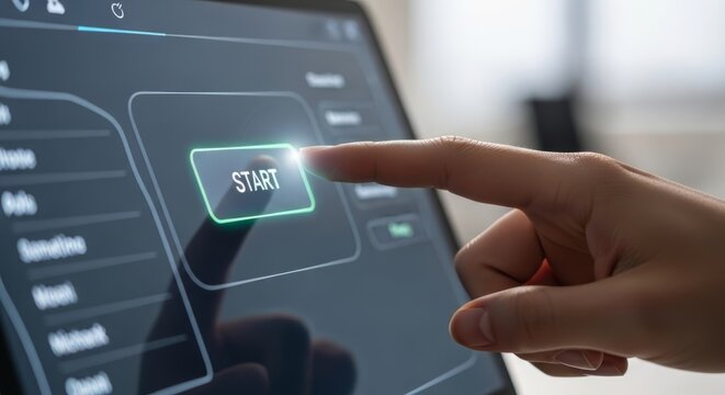 Woman finger pressing start button on digital tablet touchscreen. User interacting with software interface. Modern technology, project initiation, system activation and digital control concept.