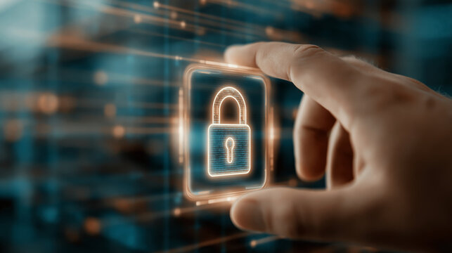 Cybersecurity data protection digital lock online security hand technology network privacy secure access digital lock icon glows with protection