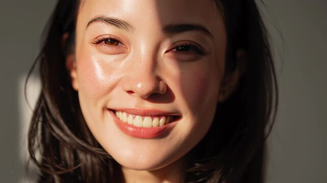 Smiling Young Woman with Glowing Skin in Natural Sunlight Motion Video.