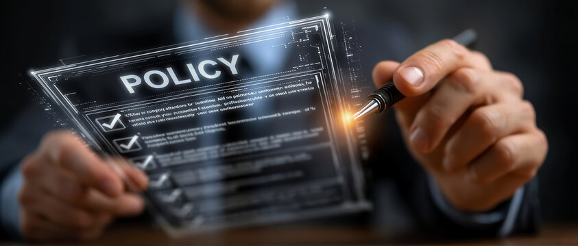 Business policy document digital review concept, corporate compliance checklist innovation, futuristic contract management and risk control focus