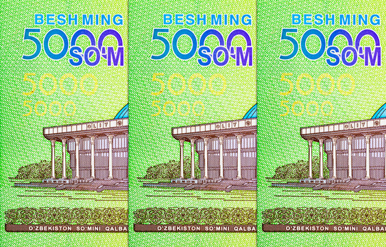 5000 Sum Uzbekistan with the image of the National Assembly (Oliy Majlis) in Tashkent. paper money of Uzbekistan