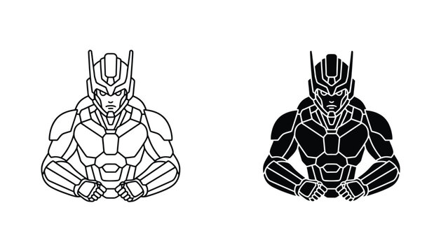 Futuristic robot warrior avatar icon set in outline and solid black silhouette style isolated on white background for sci-fi character design