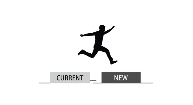 A human silhouette jumps from a light gray block labeled current to a dark gray block labeled new against a minimalist white background to show transition.