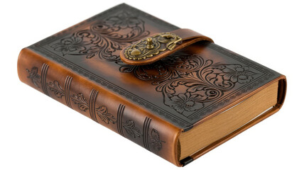 Fototapeta premium Brown leather journal with embossed floral patterns and antique metal clasp on white background